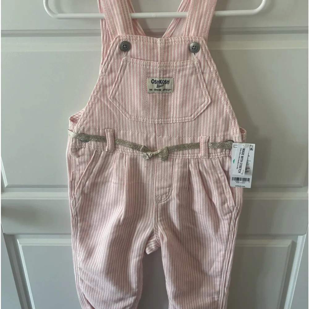 NWT OshKosh B'gosh Pink & White Striped Girls' Overalls with Gold Belt Size 18M
